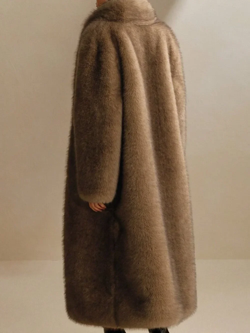 Brown Casual Women's Faux Fox-Fur Collar Long Coat